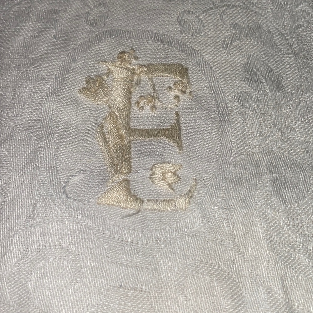 Vintage initial “E” embroidered linen and lace tea towel